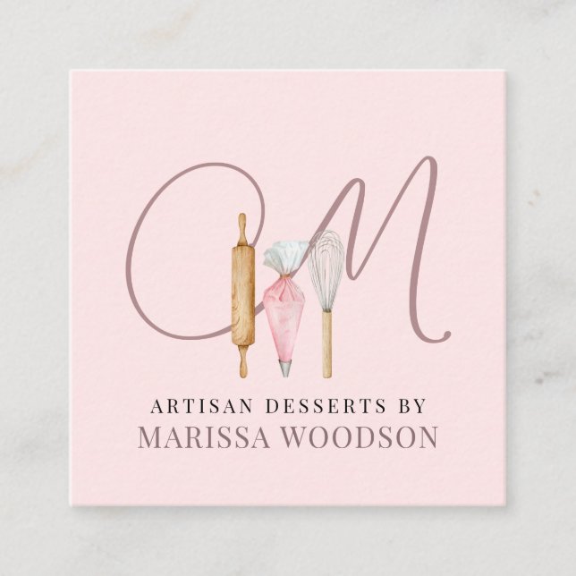 Carte De Visite Carré Cuisinier pâtissier Pink Bakers Outils (Devant)