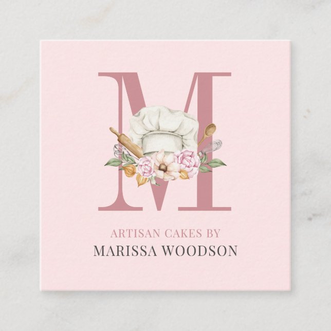 Carte De Visite Carré Cuisiniers pâtissiers Baker Outils Carré rose (Devant)