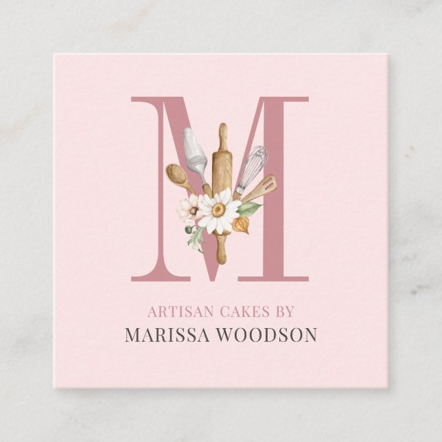 Carte De Visite Carré Cuisiniers pâtissiers boulanger Outils Rose (Devant)