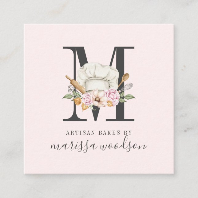 Carte De Visite Carré Cuisiniers pâtissiers de boulangerie Outils Monogr (Devant)