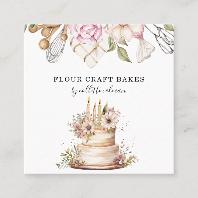 Carte De Visite Carré Cuisson à l'aquarelle Chef boulangère Cuisine à l' (Devant)