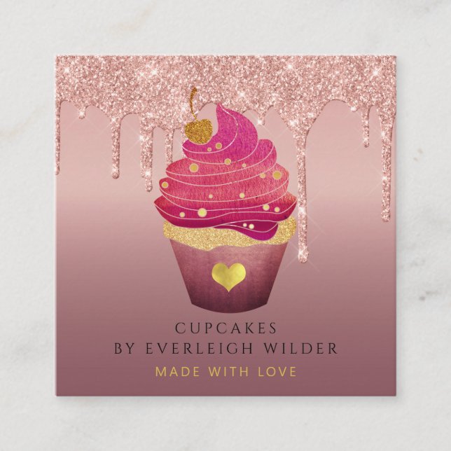 Carte De Visite Carré Cupcake Bakery Pastry Chef Glitter Drips Rose Gold (Devant)