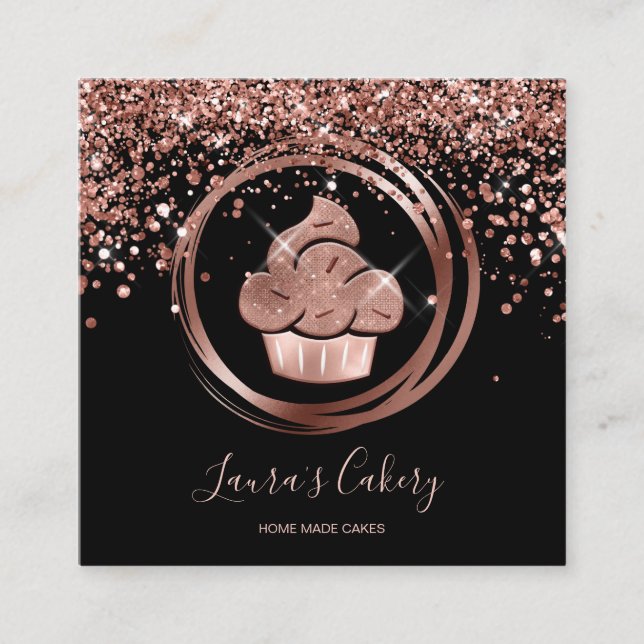 Carte De Visite Carré Cupcake Bakery Pastry Chef Glitter Drips Rose Gold (Devant)