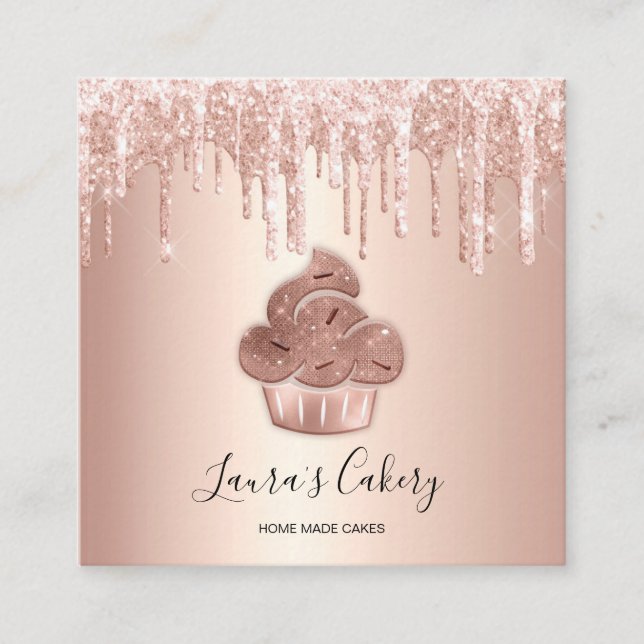 Carte De Visite Carré Cupcake Bakery Pastry Chef Glitter Drips Rose Gold (Devant)