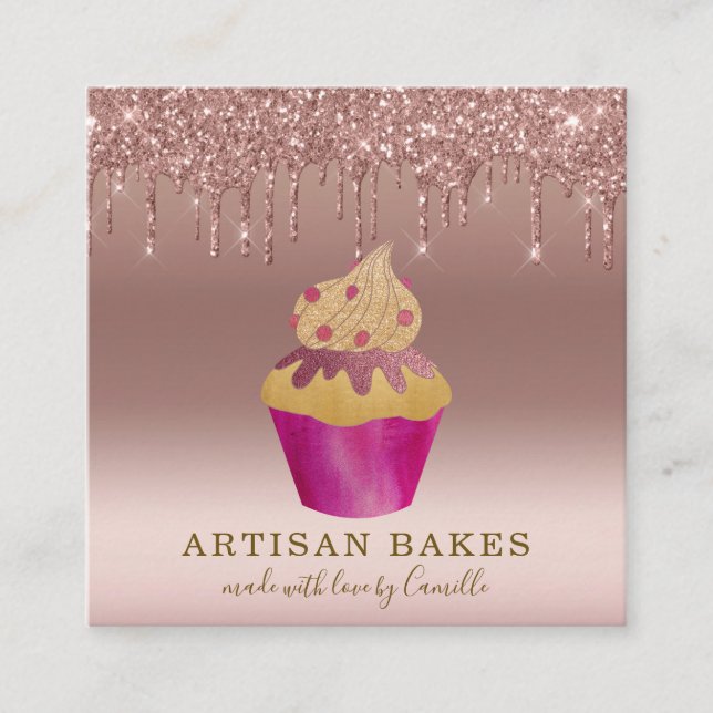 Carte De Visite Carré Cupcake Boulangerie Pâtisserie Chef Rose Gold Part (Devant)