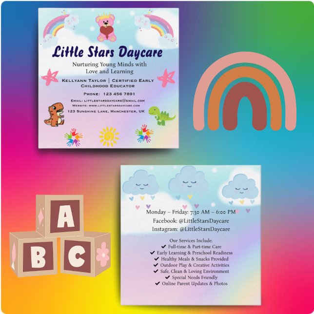 Carte De Visite Carré Custom Daycare Business Card | Cute Pastel Rainbow (Créateur téléchargé)