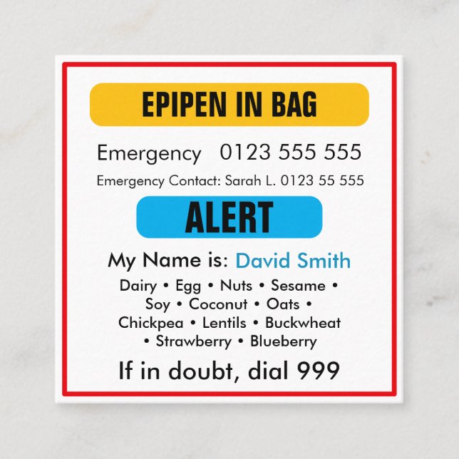 Carte De Visite Carré Custom Medical Alert Orange EpiPen Card  (Devant)