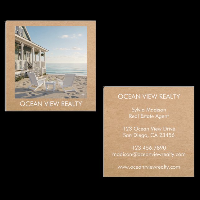 Carte De Visite Carré Custom Ocean View Photo Realty Kraft (Custom Ocean View Photo Teal Estate Agent Kraft Square Business Card)