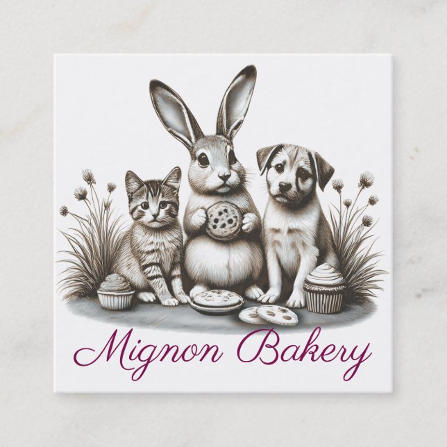 Carte De Visite Carré Cute animaux lapin chat manger biscuit boulangerie (Devant)