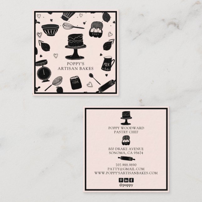 Carte De Visite Carré Cute boulangerie Chef pâtisserie Ustensiles de cui (Devant / Derrière)