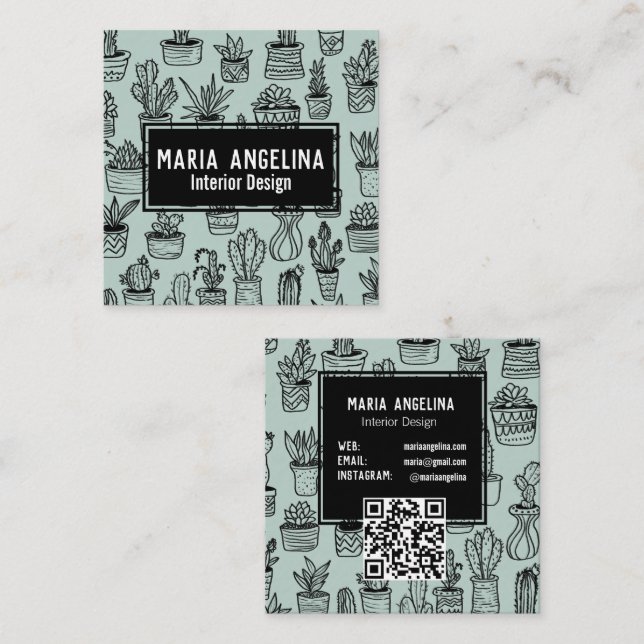 Carte De Visite Carré Cute Cactus Succulents Boho Doodle QR Code PERSONN (Devant / Derrière)
