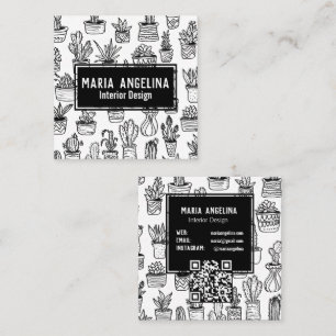 Carte De Visite Carré Cute Cactus Succulents Boho Doodle QR Code PERSONN