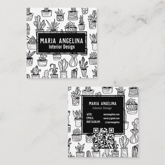 Carte De Visite Carré Cute Cactus Succulents Boho Doodle QR Code PERSONN (Devant / Derrière)