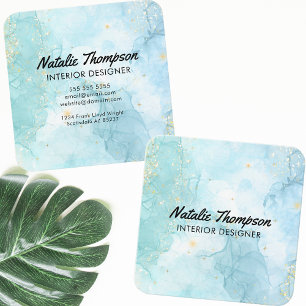 Carte De Visite Carré Cute Turquoise Blue Gold Parties scintillant Aquar