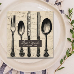 Carte De Visite Carré Cutlerie Restauration Restaurant Traiteur Chef Per