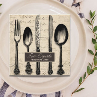 Carte De Visite Carré Cutlerie Restauration Restaurant Traiteur Chef Per