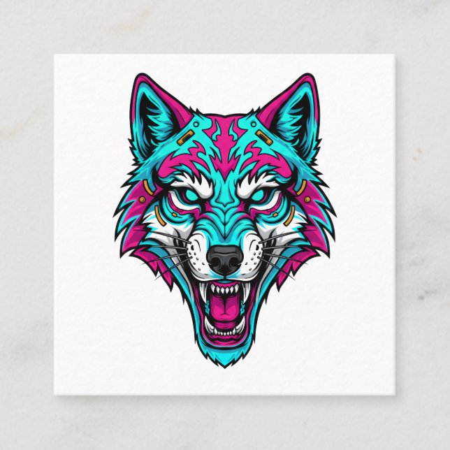 Carte De Visite Carré Cyberpunk Neon Wolf - Synthwave Robotic Animal (Devant)