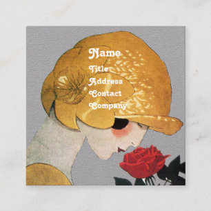 Carte De Visite Carré DAME À LA ROSE ROUGE BEAUTÉ MODE COSTUME Gris