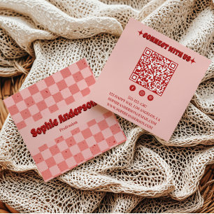 Carte De Visite Carré Damier Rétro Rose et Rouge avec Code QR