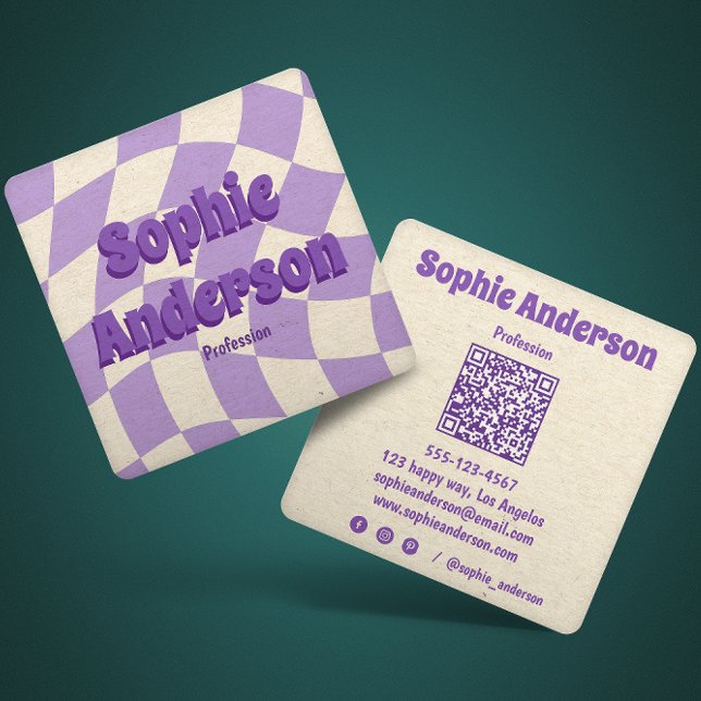 Carte De Visite Carré Damier Violet Vague Rétro avec Code QR (Créateur téléchargé)