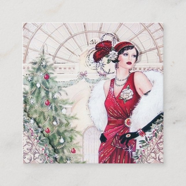 Carte De Visite Carré déco d'art demoiselle de Noël rétro (Devant)
