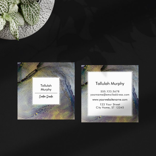 Carte De Visite Carré Denim Abstrait Blue & Gold Alcohol Enk Liquid Art (Créateur téléchargé)