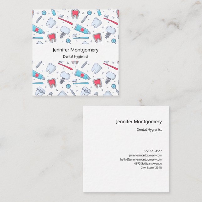 Carte De Visite Carré Dents et outils Motif dentaire (Devant / Derrière)