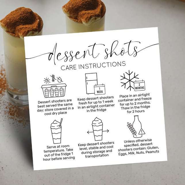 Carte De Visite Carré Dessert Tireur Instructions Minimal Cake Shots (Minimalist dessert shooters care instructions cards with care icons, stylish calligraphy font)