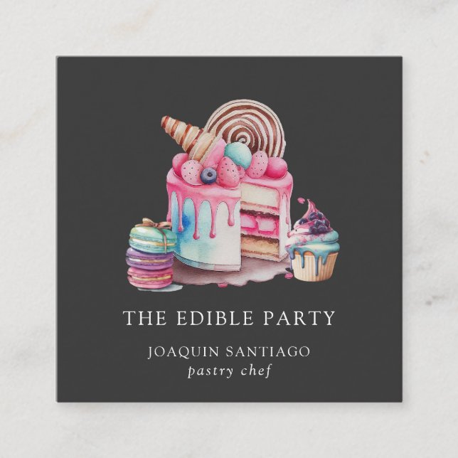 Carte De Visite Carré Desserts modernes Pâtisserie Chef Baker Aquarelle  (Devant)