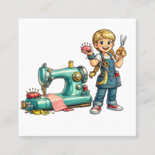 Carte De Visite Carré Dessin animé d'une fille mignonne en train de coud