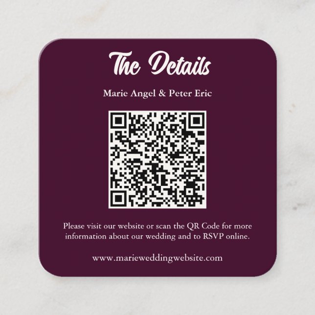 Carte De Visite Carré Détails de mariage avec code QR Monogramme Prune f (Devant)