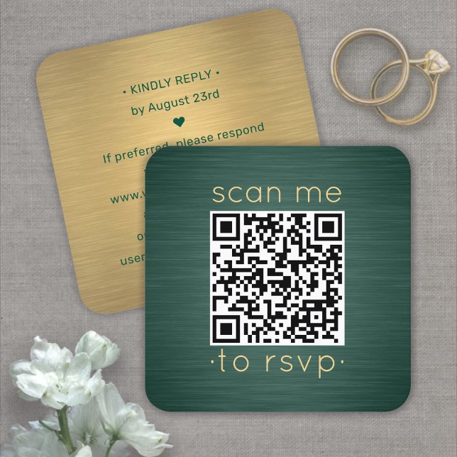 Carte De Visite Carré Détails de mariage RSVP Code QR Enclosure vert or (Créateur téléchargé)
