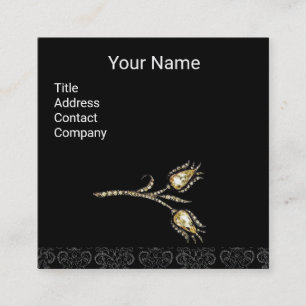 Carte De Visite Carré DIAMONT TULIPS DAMASK MONOGRAM, noir & blanc