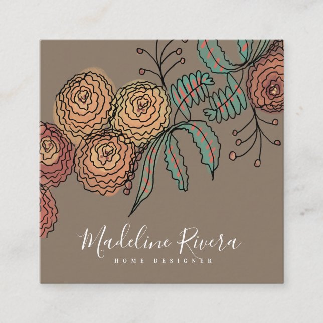 Carte De Visite Carré Doodle Florals Wreath Sprigs Design de verdure (Devant)