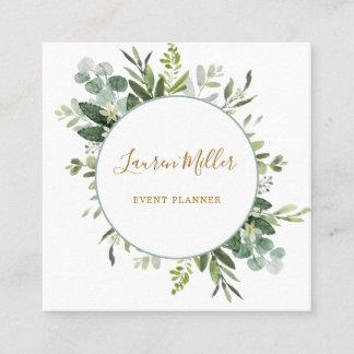 Carte De Visite Carré Dorée| Aquarelle Eucalyptus Verdure Wreath