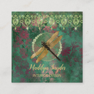 Carte De Visite Carré Dragonfly sur Green With Rhinestones