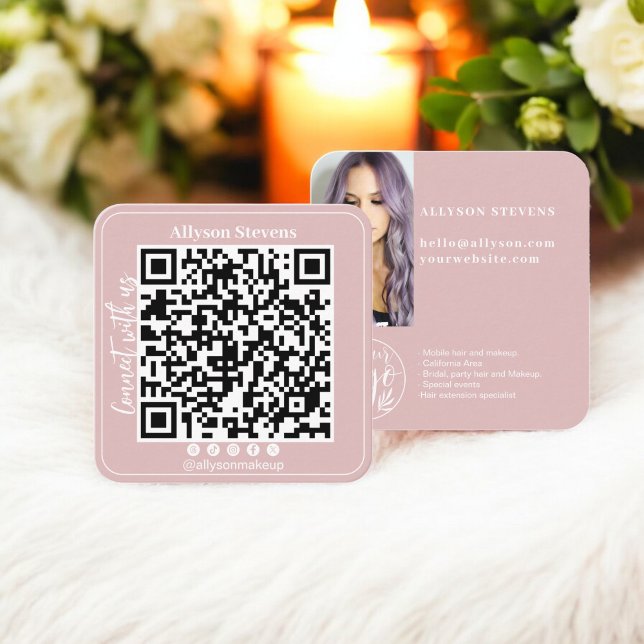 Carte De Visite Carré Dusty rose Social Media Code QR Logo photo (Dusty pink Social Media QR Code Photo Logo Square Business Card)
