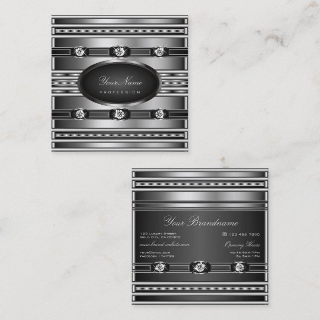 Carte De Visite Carré Effet noir et argent très élégant avec diamants (Devant / Derrière)