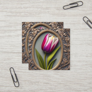 Carte De Visite Carré Élégance : Tulipe rose dans le design Art Nouveau