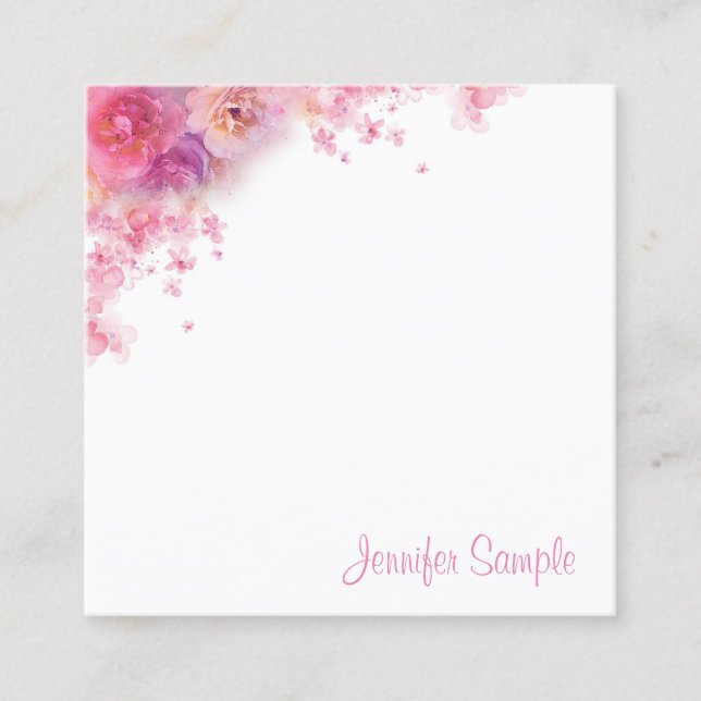 Carte De Visite Carré Elégant Aquarelle Fleurs Moderne Floral Modèle (Devant)