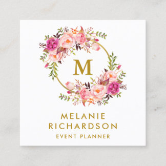 Carte De Visite Carré Elégant aquarelle rose Floral or Monogramme