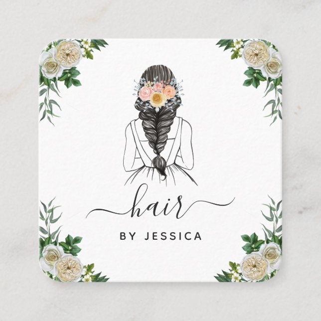 Carte De Visite Carré Élégant Blanc Floral Bride Hairstyle tresse QR Cod (Devant)