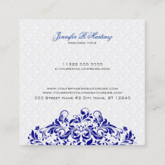 Carte De Visite Carré Elégant blanc & Royal Blue Damas & Swirls