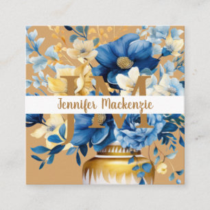 Carte De Visite Carré Elégant bleu blanc et or floral