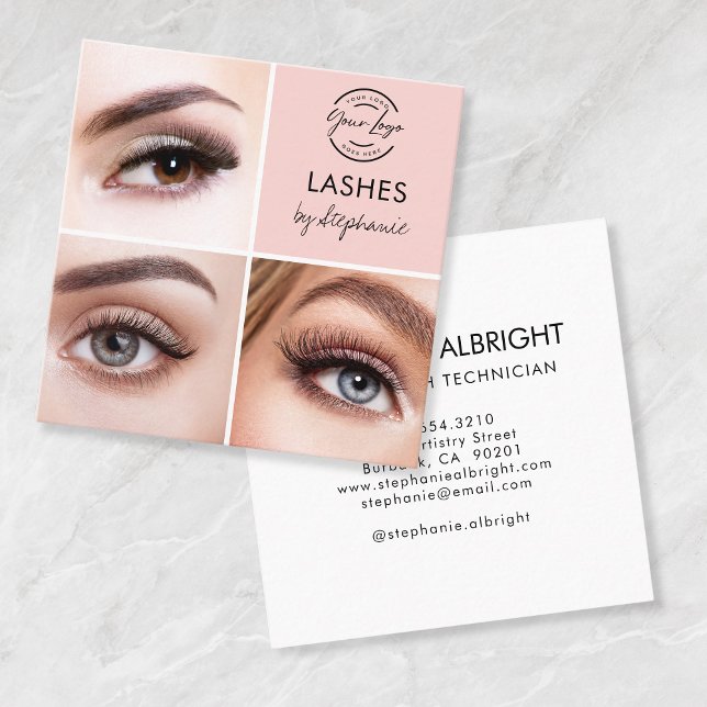 Carte De Visite Carré Elegant Blush Pink Black Script 3 Photo Lashes (Créateur téléchargé)