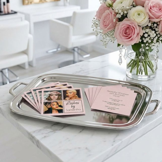 Carte De Visite Carré Elegant Blush Pink Black Script 3 Photo Lashes (Créateur téléchargé)