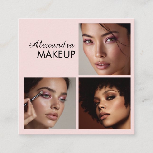Carte De Visite Carré Elegant Blush Pink Black Script 3 Photo Makeup (Devant)