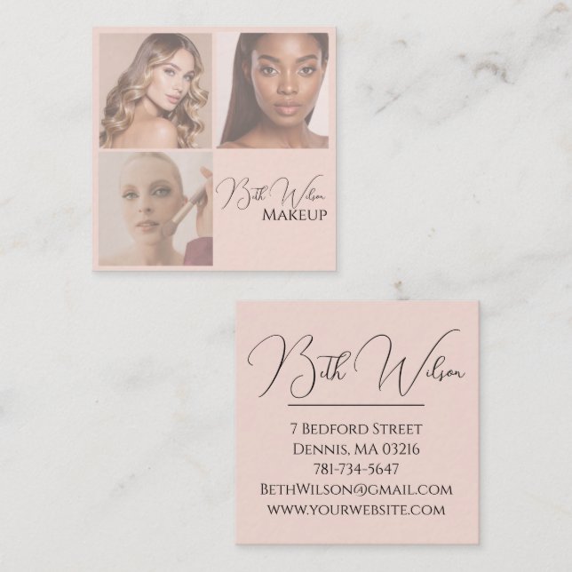Carte De Visite Carré Elegant Blush Pink Black Script 3 Photo Makeup Squ (Devant / Derrière)