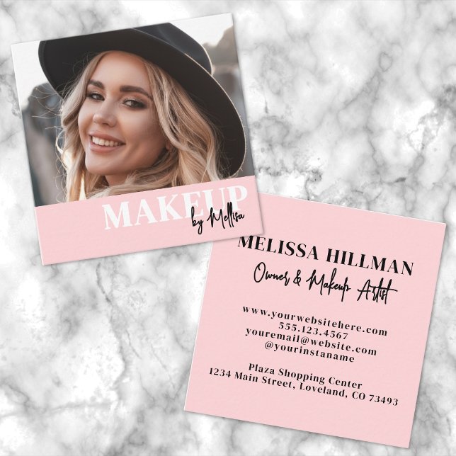 Carte De Visite Carré Elegant Blush Pink Black Script Photo Makeup (Elegant Blush Pink Black Script Photo Makeup Square Business Card)