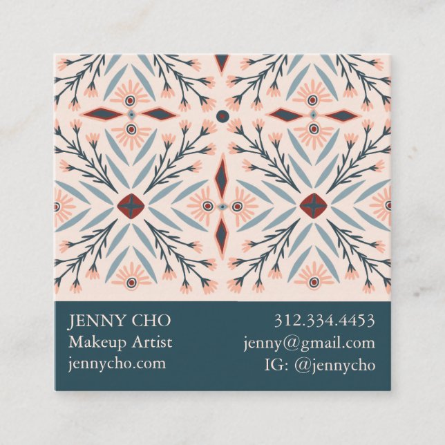 Carte De Visite Carré Elégant carrelage floral Géométrique bleu rose (Devant)